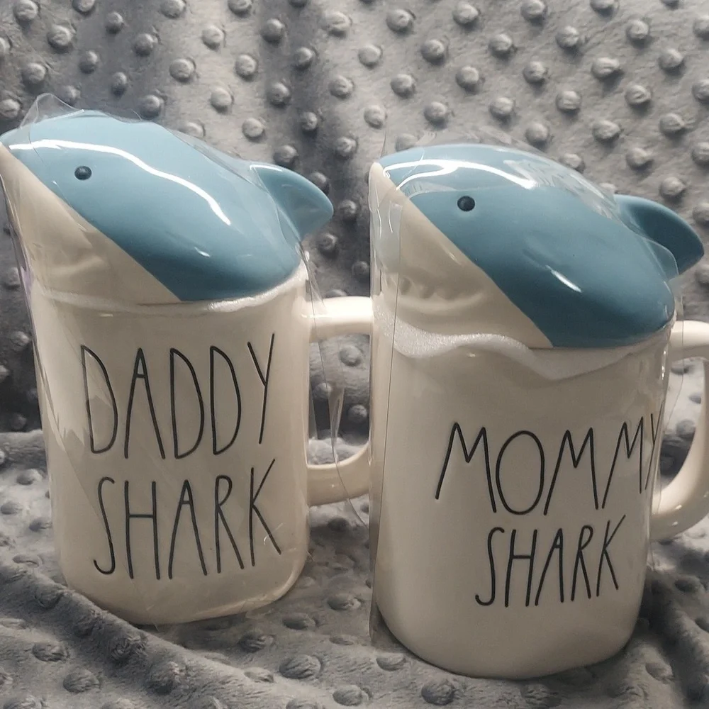 Rae Dunn White Cream Shark Top Mugs Set - Daddy Shark & Mommy Shark